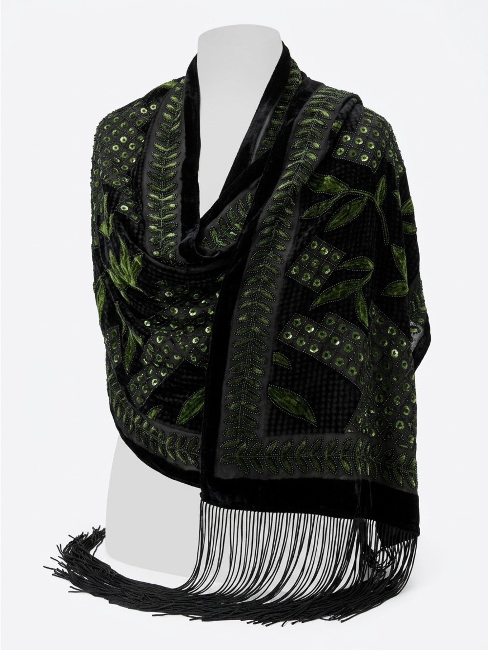 Hand Block Print 100% Silk Black & Indigo Green Velvet Embroidered Fringe Wrap